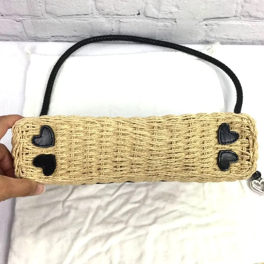Brighton Cottagecore Cream Woven Straw Black Leather Braided Handle Baguette